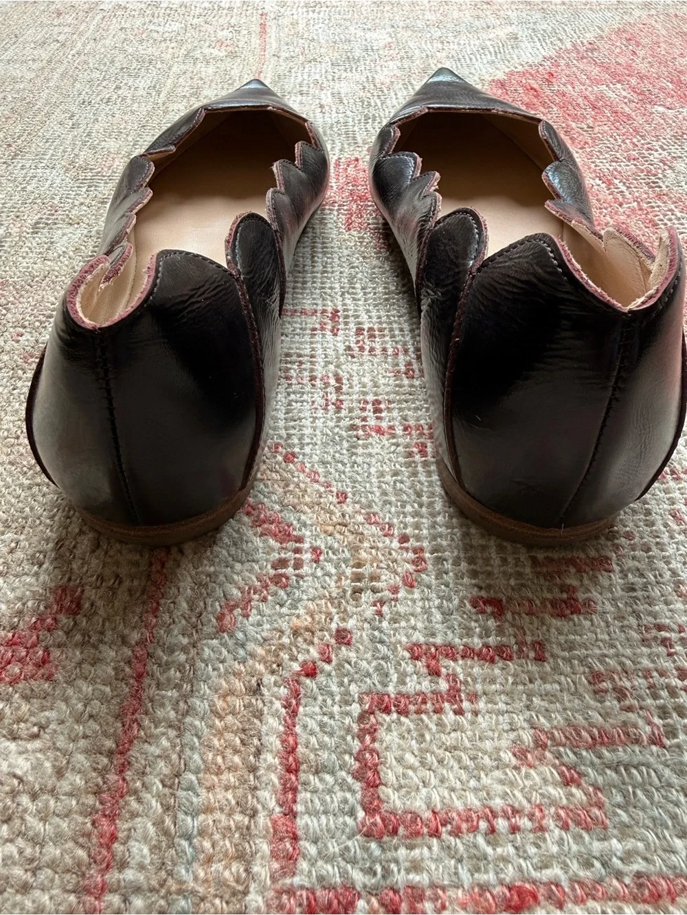 Chloe Scalloped Pointed-Toe Flats in Dark Brown with Nude Insole